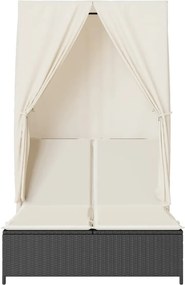 vidaXL Ξαπλώστρα Διπλή Μαύρη από Συνθετικό Ρατάν με Οροφή / Κουρτίνες