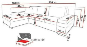 Γωνιακός Καναπές Comfivo 212, Λειτουργία ύπνου, Αποθηκευτικός χώρος, 274x182x83cm, 149 kg, Πόδια: Μέταλλο | Epipla1.gr