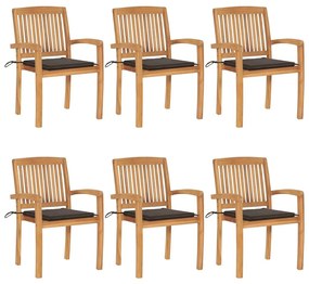 Καρέκλες Κήπου Στοιβαζόμενες 6 τεμ. Μασίφ Ξύλο Teak &amp; Μαξιλάρια - Μπεζ-Γκρι