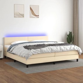 Κρεβάτι Boxspring με Στρώμα &amp; LED Κρεμ 200x200 εκ. Υφασμάτινο - Κρεμ