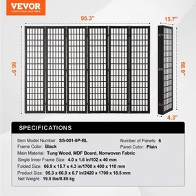 VEVOR Room Divider Japanese Wall Divider 4 Pane for Room Separation (Black)