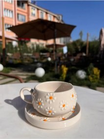 Σετ κεραμικό φλιτζάνι και πιάτο με σχέδιο μαργαρίτας Λευκό