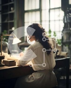 Intra Συλλεκτικό Ξύλινο Παζλ Plywood 4mm - Γυναίκα που γράφει στο γραφείο με λάμπα και βιβλία Σε Ξύλινο Κουτί - Διαστάσεις Puzzle: 10x10 cm – 25 κομμάτια