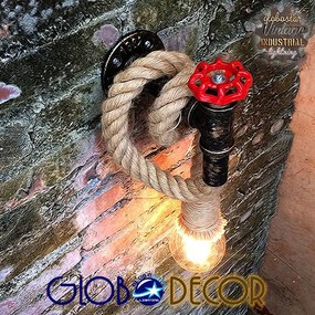 GloboStar TROUVER 01183 Vintage Industrial Φωτιστικό Τοίχου Απλίκα Μονόφωτο Μπρούτζινο Σκουριά Μεταλλικό με Μπεζ Σχοινί Μ14.5 x Π3.3 x Υ16cm