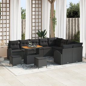 vidaXL Σετ Καναπέ Κήπου 12 Τεμαχίων με Μαξιλάρια Μαύρο Συνθετικό Ρατάν Ακακία