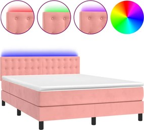 vidaXL Κρεβάτι Boxspring με Στρώμα &amp; LED Ροζ 140x200 εκ. Βελούδινο