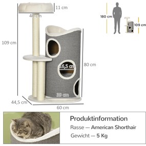 Δέντρο για γάτες PawHut με κρεβάτι για γάτες και τόνο ξυσίματος για γάτες, 60 x 44,5 x 109 cm, Γκρι + Φυσικό + Λευκό