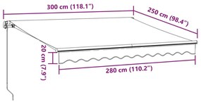 Τέντα Πτυσσόμενη Χειροκίνητη με LED Μπορντό 300x250 εκ. - Πολύχρωμο