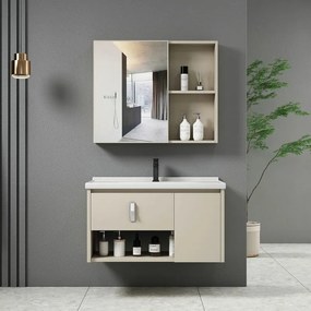 IDEA-2 Set Έπιπλο Κρεμαστό Μπάνιου Cream, Καθρέπτης Πάγκος με Νιπτήρα και Μπαταρία Up:55x11x60cm Down:60x47x45cm ΕΝ101,2