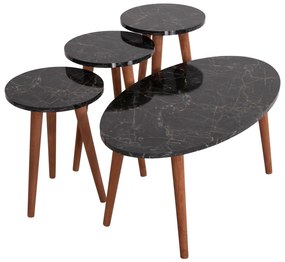 SET OF COFFEE TABLE &amp; 3 SIDE TABLES VITAL  MELAMINE IN BLACK MARBLE-WOODEN LEGS IN WALNUT