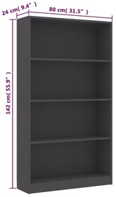 vidaXL Βιβλιοθήκη με 4 Ράφια Γκρι 80 x 24 x 142 εκ. από Μοριοσανίδα