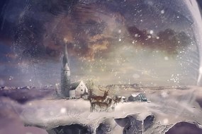 Εικόνα ελαφιού σε χιονισμένο χωριό
