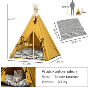 Κρεβάτι κατοικιδίου PawHut, χαριτωμένο σχέδιο tipi, με μαλακό μαξιλάρι, πατάκι δαπέδου, για σκύλους και γάτες, 60 x 60 x 76 εκ.