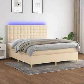Κρεβάτι Boxspring με Στρώμα & LED Κρεμ 160x200 εκ. Υφασμάτινο - Κρεμ