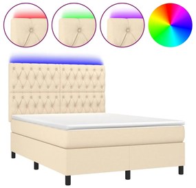 vidaXL Κρεβάτι Boxspring με Στρώμα &amp; LED Κρεμ 140x190 εκ. Υφασμάτινο
