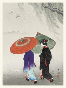 Εκτύπωση έργου τέχνης Geisha in the Rain / Wearing Traditional Kimono (Japandi Vintage) - Ohara Koson, (30 x 40 cm)