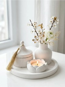 Stewehome Σετ κουτί με καπάκι και φούντες κηροπήγιο τριαντάφυλλο βάζο και δίσκος Λευκό