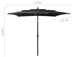 Ομπρέλα 3 Επιπέδων Μαύρη 2,5 x 2,5 μ με Ιστό Αλουμινίου - Μαύρο