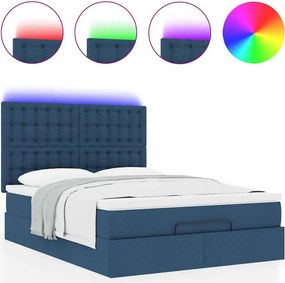 vidaXL Οθωμανικό κρεβάτι με στρώμα &amp; LEDs Μπλε 140x190cm Ύφασμα