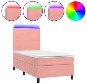vidaXL Κρεβάτι Boxspring με Στρώμα &amp; LED Ροζ 90x190 εκ. Βελούδινο