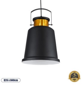 GloboStar® NUNZIATA 01236 Vintage Industrial Κρεμαστό Φωτιστικό Οροφής Μονόφωτο Μαύρο Μεταλλικό Καμπάνα Φ27 x Y39cm