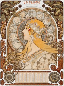 Αναπαραγωγή La Plume, Female Portrait (Vintage Art Nouveau Lady in Gold) - Alphonse / Alfons Mucha