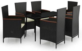 vidaXL Σετ Τραπεζαρίας Κήπου 7 Τεμαχίων Μαύρο με Μαξιλάρια