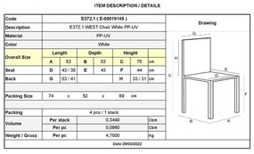 Καρέκλα WEST PP-UV Λευκό 53x53x75cm (Σετ 4 ΤΕΜ)