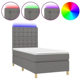 vidaXL Κρεβάτι Boxspring με Στρώμα & LED Σκ.Γκρι 90x200 εκ. Υφασμάτινο