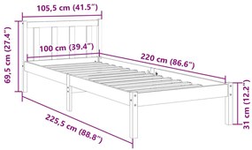 Πλαίσιο Κρεβατιού Μακρύ Χωρίς Στρώμα 100x220 εκ Μασίφ Πεύκο - Καφέ