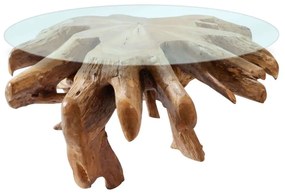 Τραπέζι Σαλονιού Ρίζα HM9393 Στρογγυλό Φ100x45cm Με Ασφαλείας Γυαλί Teak Natural Ξύλο,Γυαλί