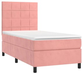 vidaXL Κρεβάτι Boxspring με Στρώμα &amp; LED Ροζ 90x200 εκ. Βελούδινο