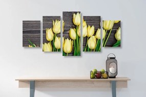 Εικόνα 5 μερών με γοητευτικές κίτρινες τουλίπες σε ξύλινο φόντο - 100x50