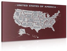 Εικόνα εκπαιδευτικό χάρτη των ΗΠΑ με μπορντό φόντο - 60x40