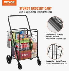 VEVOR Folding Shopping Cart, Jumbo Grocery Cart with Double Baskets, 360° Swivel Wheels, Heavy Duty Utility Cart, 110 LBS Large Capacity Utility Cart for Laundry, Shopping, Grocery, Luggage