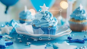 Intra Συλλεκτικό Ξύλινο Παζλ Plywood  4mm - Cupcake γενεθλίων με Blue Frosting και Μπαλόνια Σε Ξύλινο Κουτί - Διαστάσεις: 10x10 cm – 25 κομμάτια
