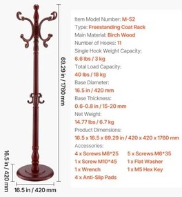 VEVOR Freestanding Coat Rack Wooden Coat Tree with Stable Large Base &amp; 11 Hooks