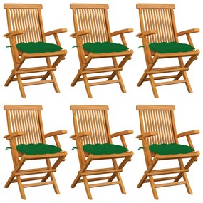 vidaXL Καρέκλες Κήπου 6 τεμ. από Μασίφ Ξύλο Teak με Πράσινα Μαξιλάρια