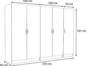 Ντουλάπα ρούχων Victoria Megapap πεντάφυλλη χρώμα λευκό 250x60x181εκ.