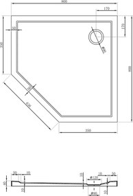 Mexen Flow πεντάγωνο ντους slim 80 x 80 cm, λευκή γυαλάδα - 46P108080