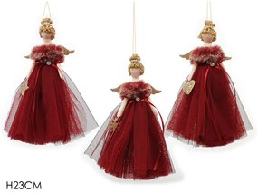 Στολίδι Κρεμαστό Άγγελος Με Χρυσά Φτερά Και Μακρύ Φόρεμα Κόκκινο Λούτρινο 23cm Σε 3 Σχέδια
