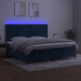 vidaXL Κρεβάτι Boxspring με Στρώμα & LED Σκ. Μπλε 200x200εκ. Βελούδινο