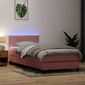 vidaXL Κρεβάτι Boxspring με Στρώμα &amp; LED Ροζ 90x220 εκ. Βελούδινο