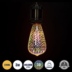 GloboStar 99272 Λάμπα LED Long Filament E27 ST64 Αχλάδι 3D Galaxy Effect 3W 201lm 360° AC 220-240V IP20 Φ6.4 x Υ14cm Θερμό Λευκό 2700K με Galaxy Mirror Γυαλί - Dimmable - 3 Years Warranty - 99272