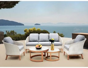 IBIZA Set Σαλόνι Κήπου: 3θέσιο +2 Πολυθρόνες+2 Τραπεζάκια ALU Φυσικό-Wicker Άσπρο-Μαξιλ.Γκρι 182x78x79-66x78x79-Φ80-Φ60cm