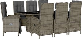 vidaXL Σετ Τραπεζαρίας Κήπου 9 τεμ. Γκρι Συνθ. Ρατάν με Μαξιλάρια