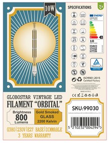 GloboStar® 99030 Λάμπα LED Long Filament E27 G380 ORBITAL Γλόμπος 10W 800lm 360° AC 220-240V IP20 Φ38 x Υ55cm Ultra Θερμό Λευκό 2200K με Μελί Γυαλί - Dimmable - 3 Years Warranty - The Bigger Bulb in Greece