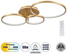 Φωτιστικό Οροφής Δαχτυλίδι Τρίφωτο LED CCT 98W 11858lm NEMESIS Globostar-61110-Χρυσό 61110