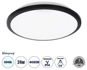 GloboStar TUFFIN 60996 Πλαφονιέρα Οροφής LED 24W 2760lm 120° AC 220-240V Αδιάβροχη IP54 Φ30 x Υ6.5cm Ψυχρό Λευκό 6000K - Μαύρο - Bridgelux Chips - 3 Years Warranty - 60996