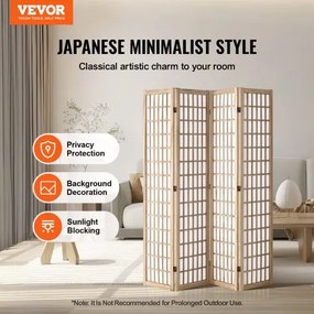 VEVOR Room Divider Japanese Wall Divider 4 Pane for Room Separation (Natural)